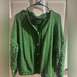 green lace-sleeve button up